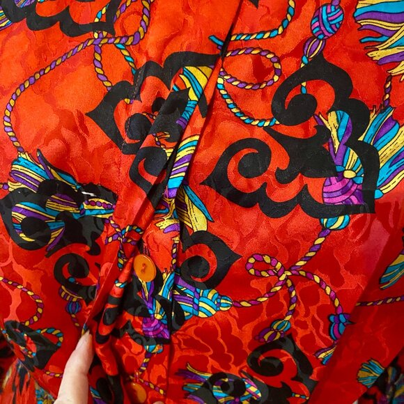 vtg 80s ADRIANNA PAPELL Red Tassel Print Silk Cocktail Dress Mod Wife Baroque 6 - Picture 10 of 10